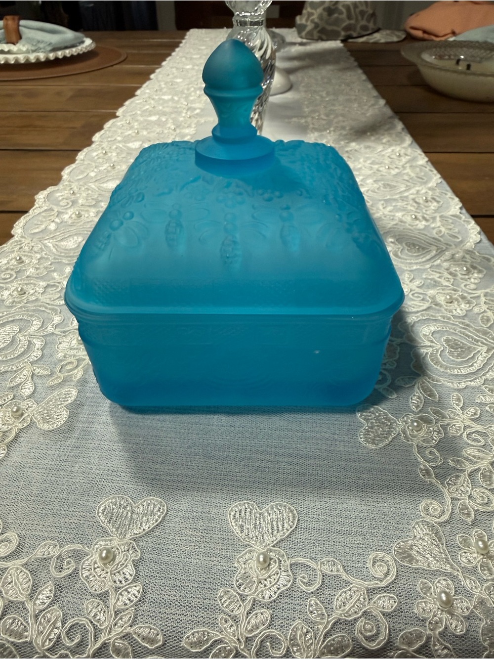 Indiana Glass Blue Frosted Square Covered Dish